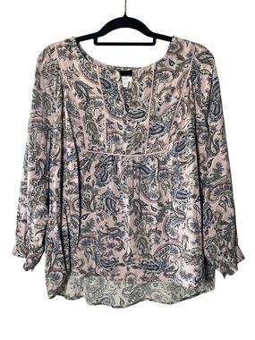 J Jill Boho Paisley Top Women's XL Pink Shirred Romantic Peasant Popover Blouse